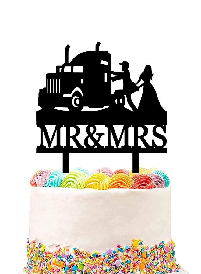 Yuezoloz Heavy Truck Wedding Cake Topper,Funny Mr And Mrs Cake Topper,Bride and Groom with Heavy Truck Cake Decor for Wedding/Anniversary/Bridal Shower Party Decor(Black Acrylic) - Image 1